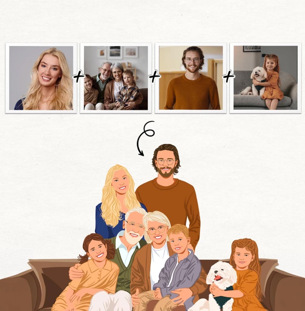 Avós e netos reunidos em um único retrato com IA