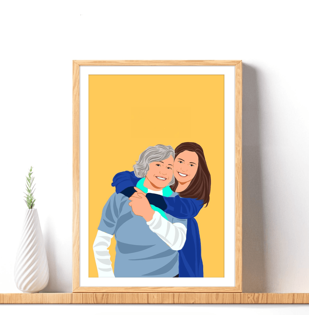 Uma mãe falecida unida ao retrato da filha a partir de duas fotos